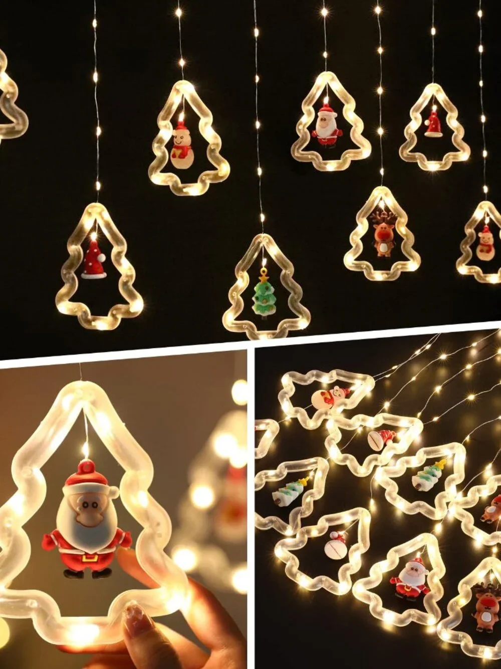 Christmas Window Curtain Lights 10 Ornaments 120 LED Battery Operated Warm White